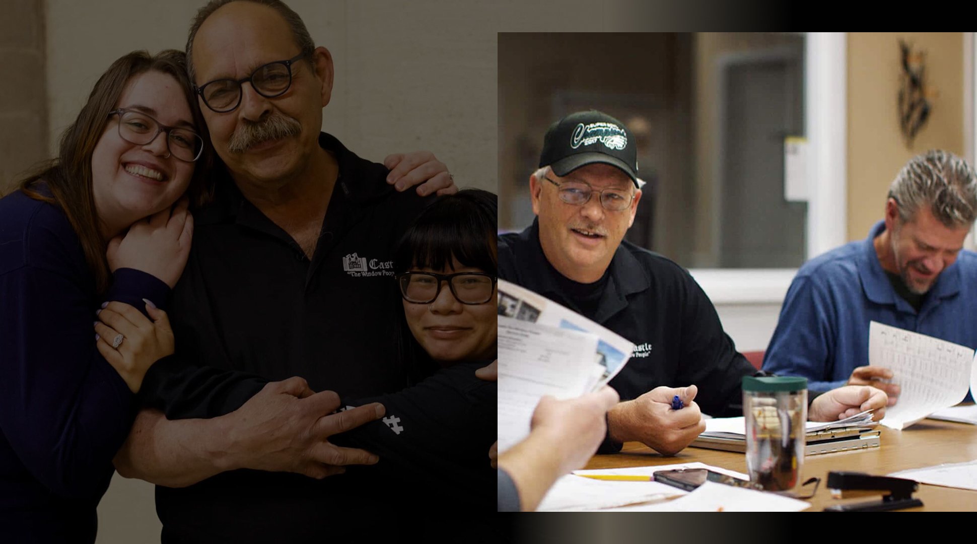Castle Windows staff in branded polos — three colleagues sharing a hug, and two team members reviewing paperwork at a desk
