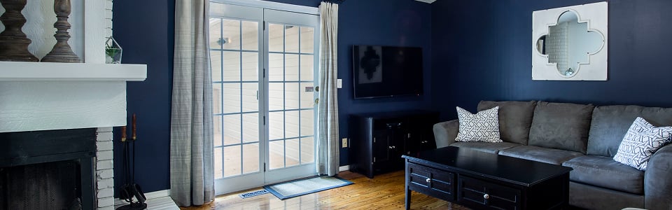 White French patio door with grid panes opening off a navy living room