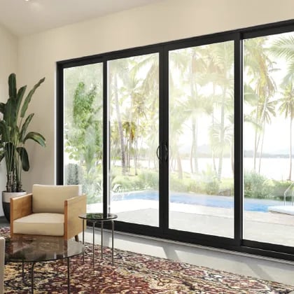 Living room with black-framed sliding glass doors opening onto a palm-lined pool