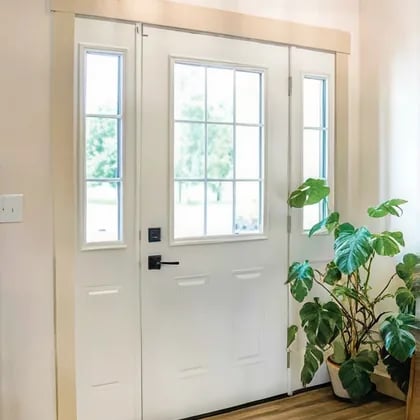 White entry door with sidelights and transom windows beside a potted monstera