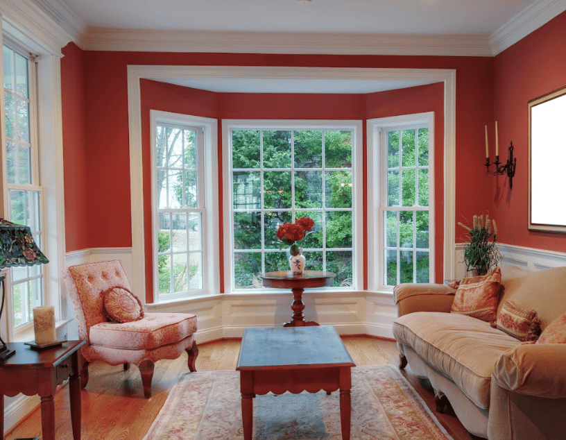 interior view of red room with large window